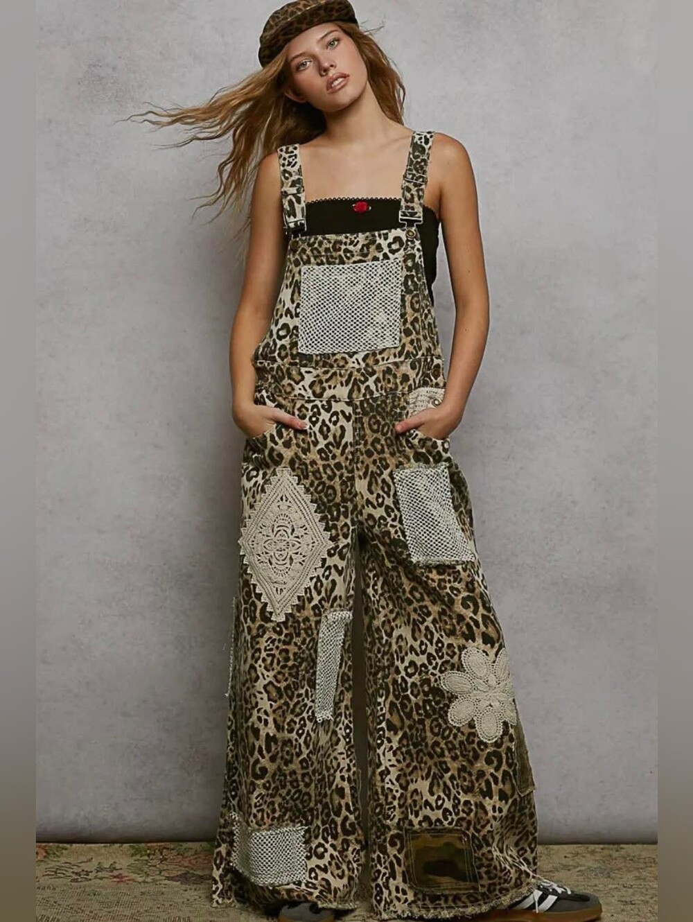 POL Leopard-Print Wide-Leg Overalls with Crochet Patches - Brown/Black